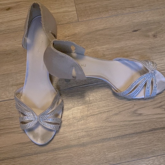 Champagne Satin Peep Toe Heels with Crystal Accents - Picture 1 of 7